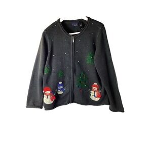 VTG Crazy Horse Full Zip Cardigan Sweater Sz L Gray 3D Snowman Christmas Winter